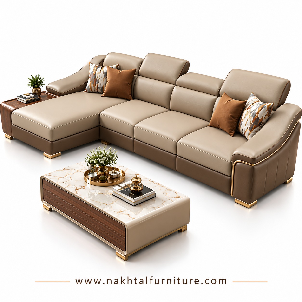 L Type Sofa with Adjustable Headrest & SS Finish Legs Manufacturer in Pune by Nakhtal Furniture